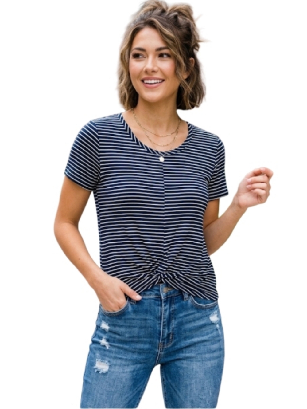 "Haute Monde" Misses Cute (M) Short Sleeve Stripe Top Navy/white